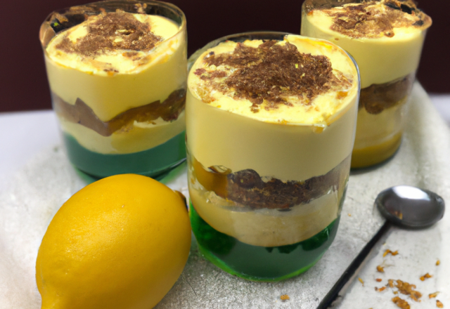 Verrine de mousse de mascarpone, crème au citron et crumble au chocolat