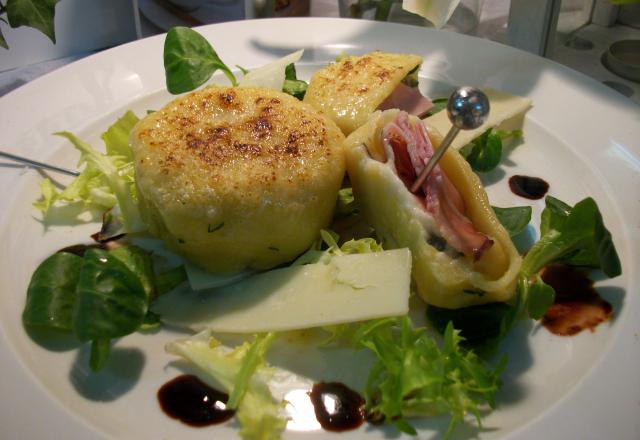 Crottin en ravioli, Saint-Félicien et jambon cru