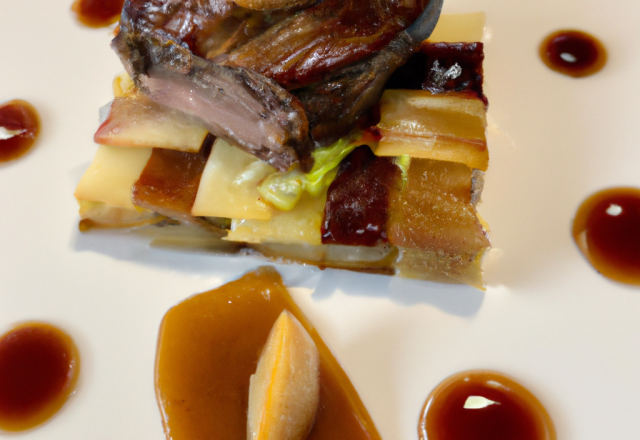 Magret farci au Foie Gras du Sud Ouest Millefeuille du Nord Endive et Pomme, Caramel à la Bière