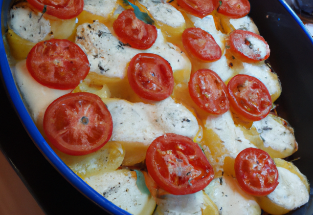 Gratin de pommes de terre, tomates à la mozzarella