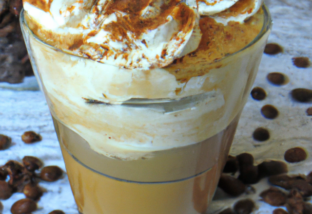 Café frappé amélioré : miel, crème, sirop de tiramisu, vanille