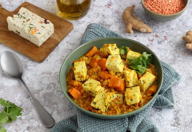 Dahl de lentilles corail, patate douce et tofu épinard noisette