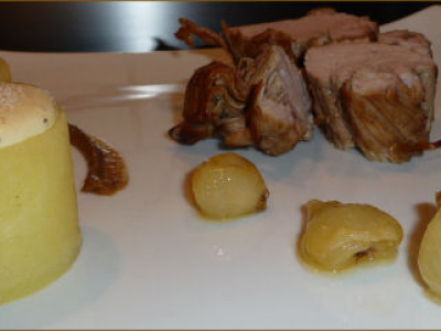 Mignon de Porc braisé au Vin de Noix et sa Réduction aux Lentilles, Dauphinois Destructuré