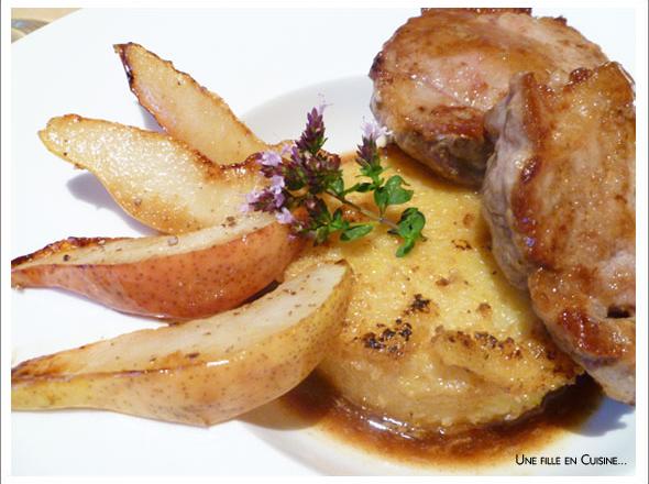 Médaillons de veau, poires poêlées, polenta et jus réduit à la fleur d'oranger