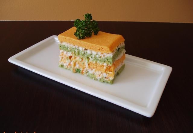 Mille-feuilles de carottes, brocoli et surimi