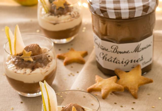 Verrines de mousse aux poires et confiture de Châtaignes