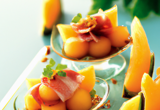 Verrines de melon rôti au miel et de coppa