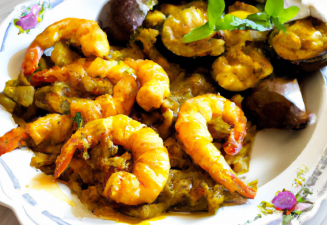 Gambas au curry et aux aubergines braisées maison