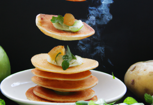 Blinis de pommes de terre à la roquette et flétan fumé par Jean-Sébastien Bompoi