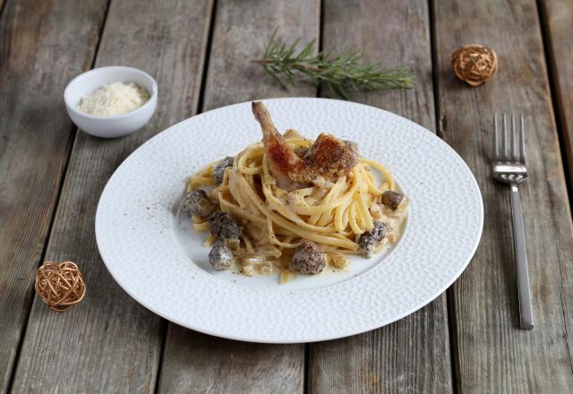 Linguine en sauce aux cailles et morilles