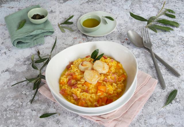 Risotto au potimarron, Saint-Jacques et bacon croustillant