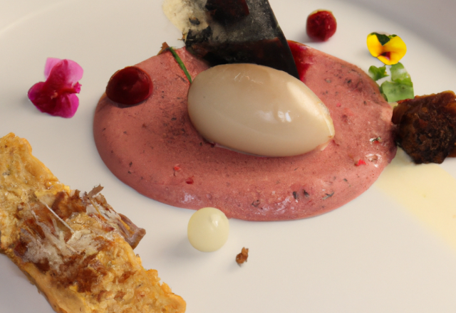 Mousseline de foie gras, gelée de betteraves, cappuccino de truffes, émulsion sarriette