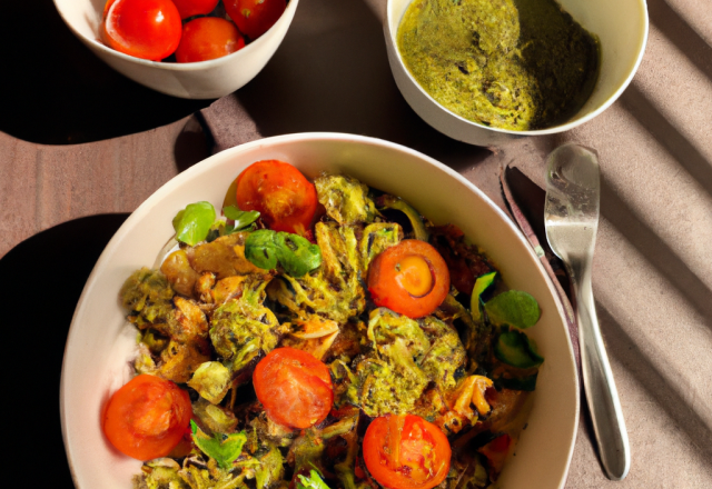 Salade de spirelli, tomates et pesto