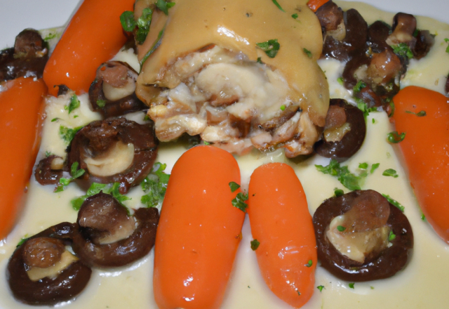 Moelleux de volaille fermière farci aux champignons, sauce morilles et carottes de Créance à la crème