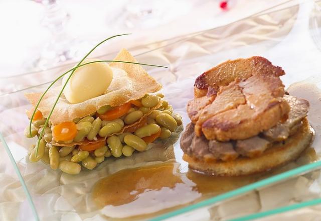 Rossini de filet de canette et sa jardinière de légumes en millefeuille