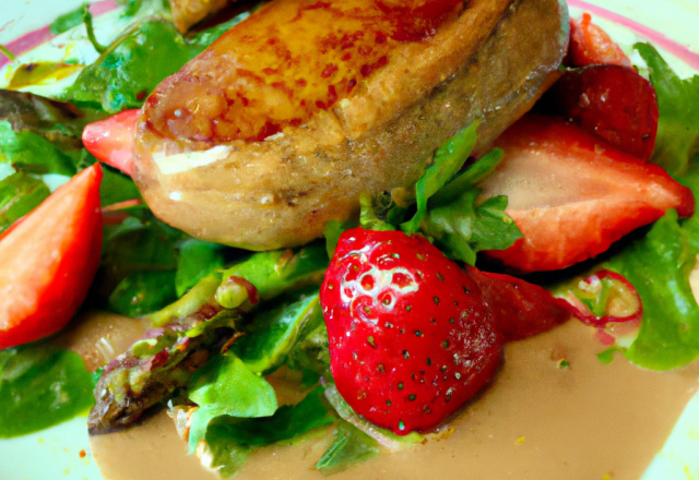 Foie Gras poêlé, Aperges Vertes en Vinaigrette de Fraises