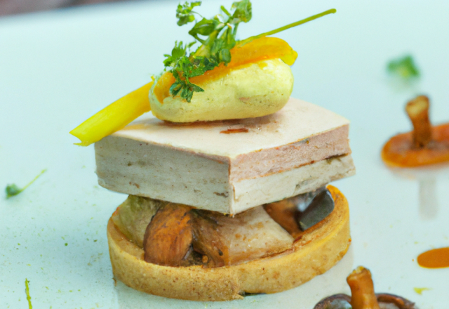 Terrine de foie gras, truite fumée, champignons et poires