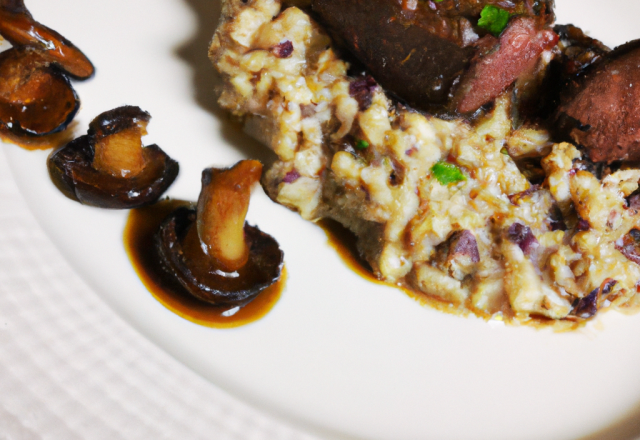 Filet pur de bœuf Irlandais - Risotto aux morilles - Légumes sautés - Sauce au chocolat