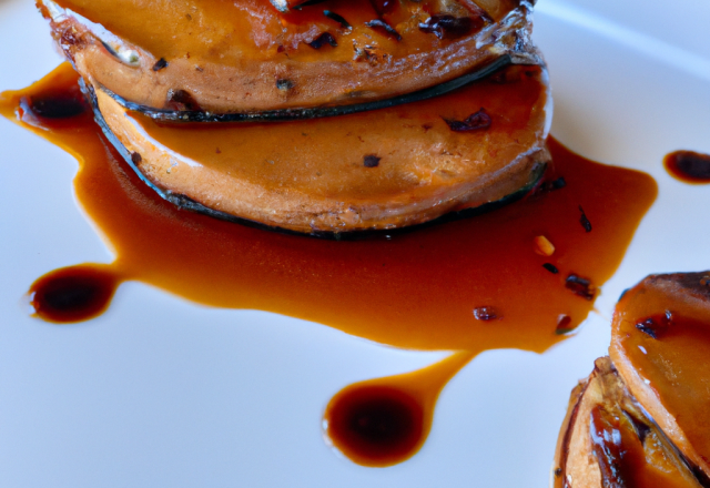 Escalopes de foie gras poélées sur tarte Tatin sauces au vieux porto et cacao