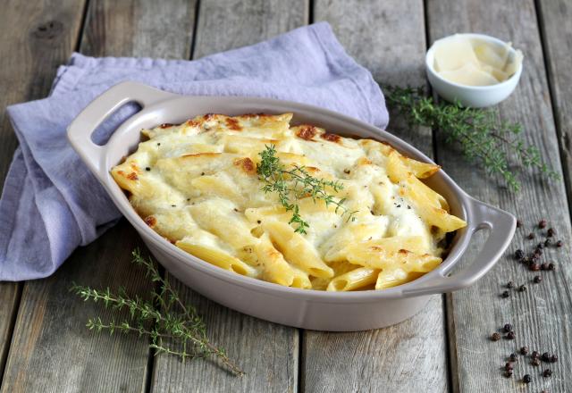 Gratin de penne au confit de canard et champignons