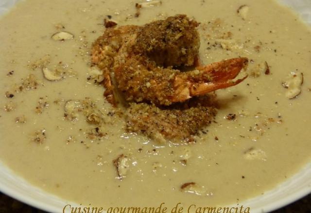 Velouté de topinambours, châtaignes et gambas panées