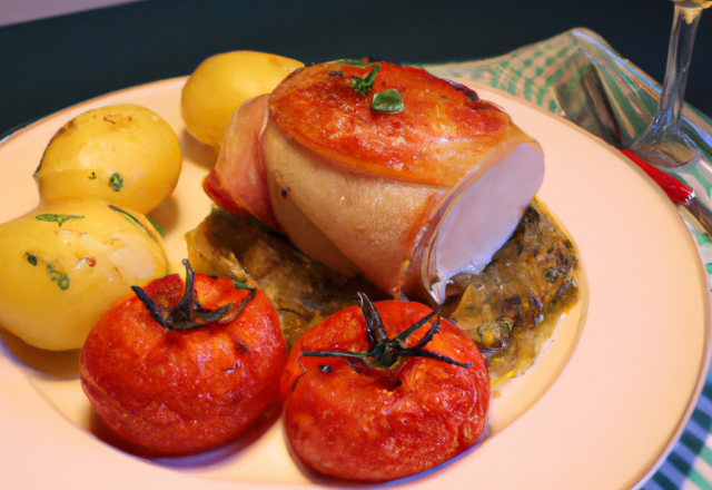 Poulet grillé à la moutarde, tomate farcie aux légumes de saison et gratin de pomme de terre