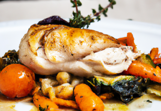 Poulet grillé, légumes d'hiver et sauce aux herbes fraîches