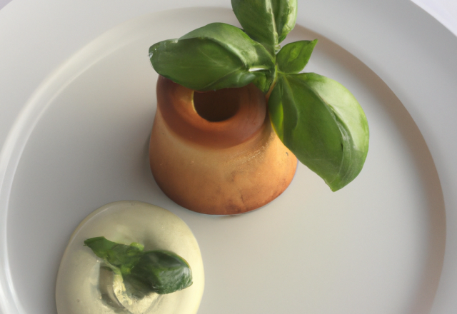 Souffle au tourteau et au poireau, basilic citron, cornet de poireau paille, crème de poireau, petit basilic