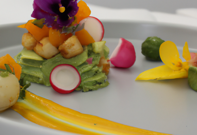 Jardin de légumes et fleurs sur lit de guacamole, vinaigrette vanillée Noix de saint jacques juste poêlée au beurre salé, reduction orange mangue