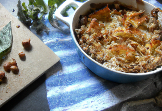 Gratin de topinambours sur lit d'orties, crumble noisettes