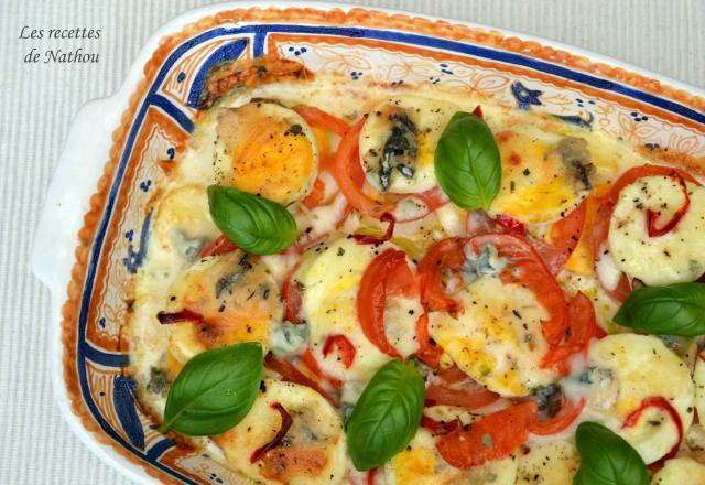 Gratin de tomates aux œufs durs, mozzarella et gorgonzola