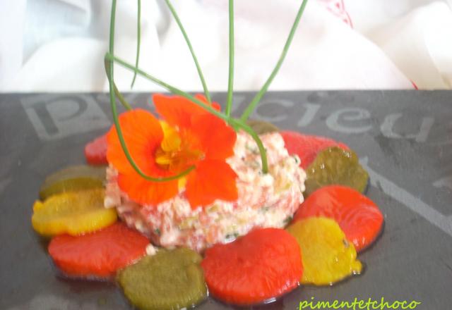 Carpaccio de poivrons et son tartare de tomate au chevre