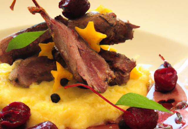 Aiguillettes de canard, poêlée de cerise et polenta