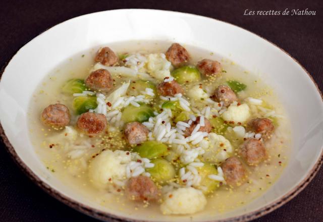 Bouillon aux 2 choux, boulettes au parmesan, riz et moutarde à l'ancienne