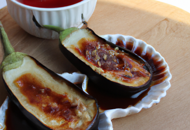 Aubergine au thé fumé, condiment ketchup-miso-poivrons