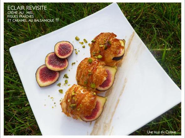 Eclair, crème légère au miel, figues fraîches et caramel au balsamique