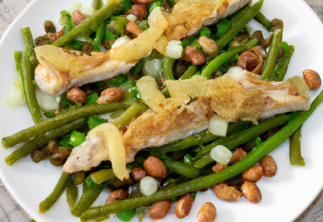 Bar de pêche côtier parsemé de noisette, haricots tarbais en vinaigrette et pignons de pin