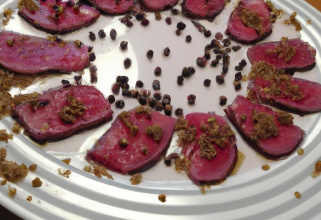 Carpaccio de magret et copeaux de foie gras au poivre rose de Bourbon