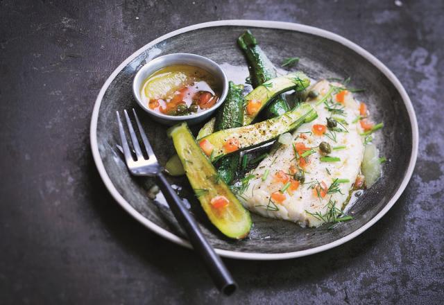 Courgettes rôties, merlan et sauce vierge