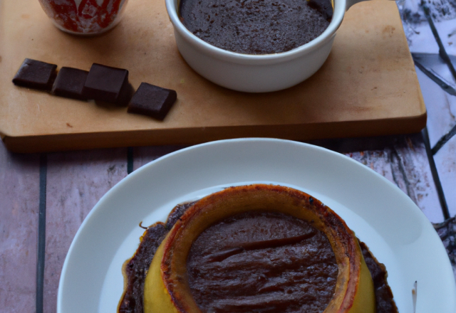 Flan de poire à la cannelle et sa sauce au chocolat chaud