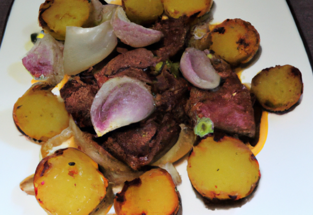 Oignons et pommes de terre rôtis au balsamique avec du filet mignon de porc