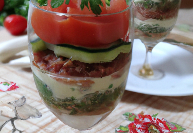 Verrines de tomates, concombre en tartare et faisselle au lait de brebis.