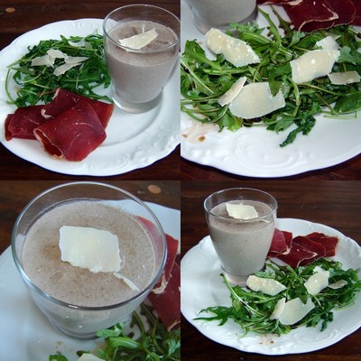 Pannacotta de champignons, roquette et viande de grison