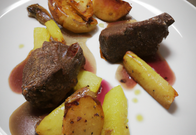 Agneau en tapenade, sauce miroir et pommes fondantes