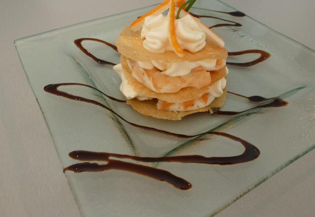 Mille-feuilles de crevettes et mousse de surimi