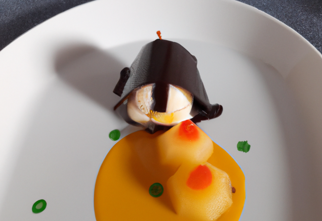 Papillote de litchi, clémentine et mangue à la sauce chocolat