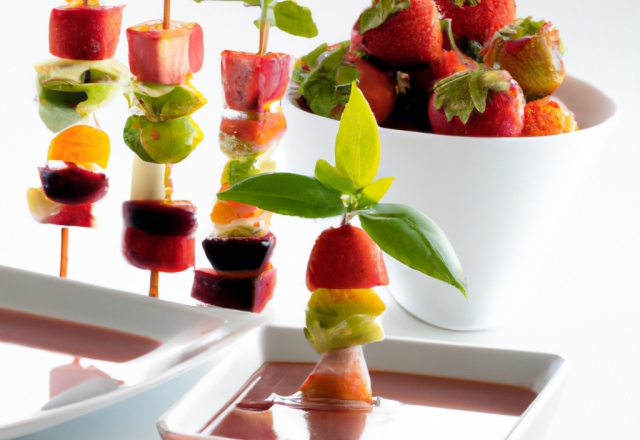 Brochette de fruits au sirop et sa soupe de fraise au basilic