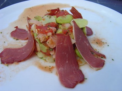 Salade maison de féves à la tomate et au magret de canard