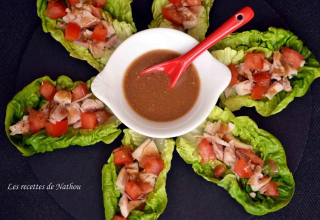 Sucrines au poulet et tomates, vinaigrette à la moutarde, balsamique et citron