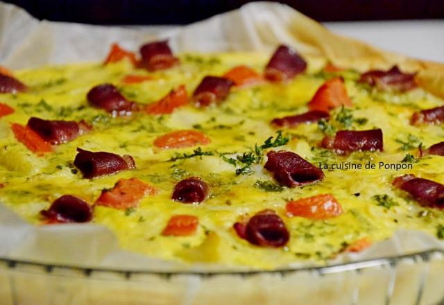 Tarte au chou-fleur, tomate et magret de canard fumé